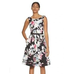 WHBM Floral Fit Flare Dress Sleeveless Black Pink White Size 14